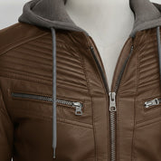 Men's Brown and Grey Hooded Leather Biker Jacket