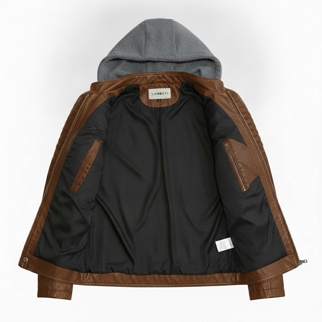 Men's Brown and Grey Hooded Leather Biker Jacket