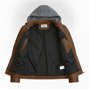Men's Brown and Grey Hooded Leather Biker Jacket
