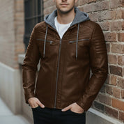 Men's Brown and Grey Hooded Leather Biker Jacket