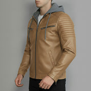Men's Tan and Grey Hooded Leather Biker Jacket