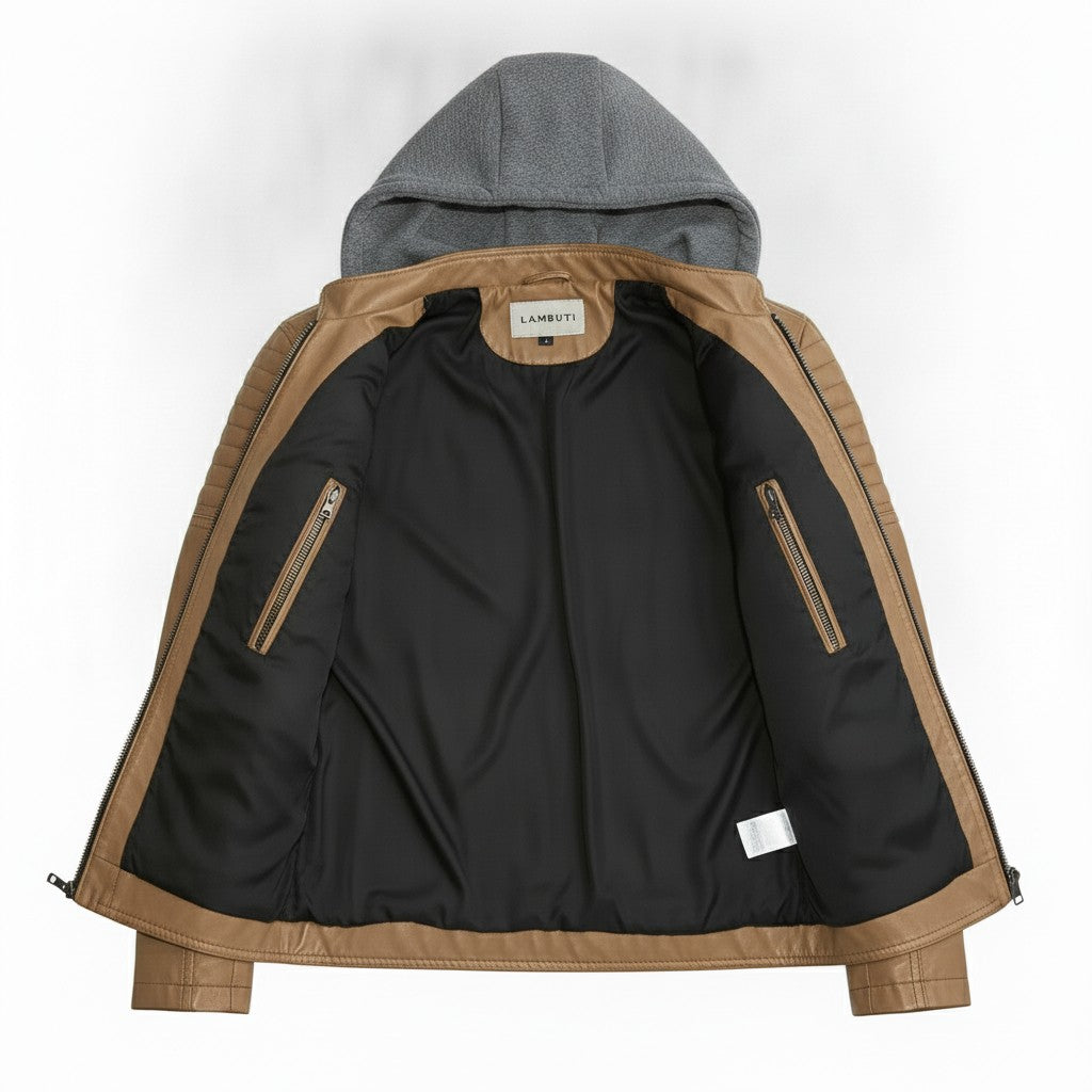 Men's Tan and Grey Hooded Leather Biker Jacket