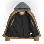Men's Tan and Grey Hooded Leather Biker Jacket
