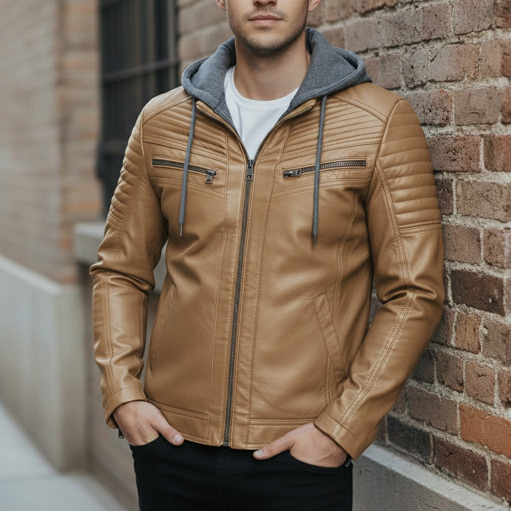 Men's Tan and Grey Hooded Leather Biker Jacket