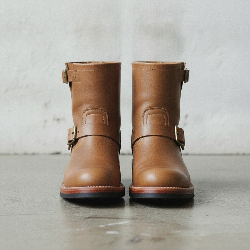 Men's Tan Plain-Toe Leather Biker Boots