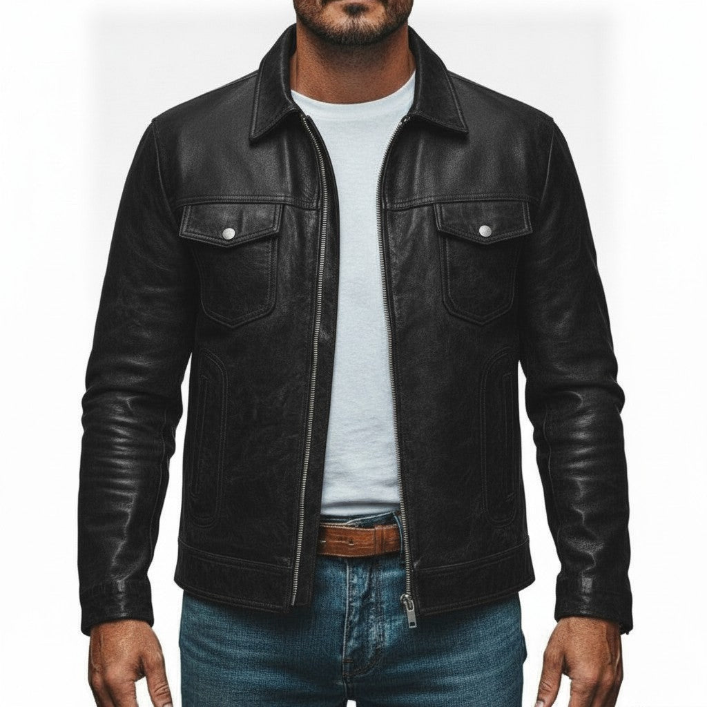 Men's Black Leather Cafe Racer Jacket