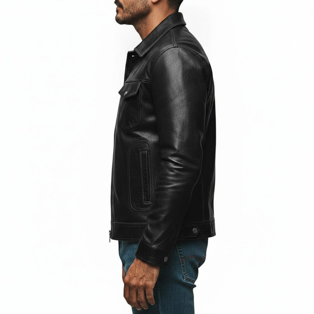 Men's Black Leather Cafe Racer Jacket