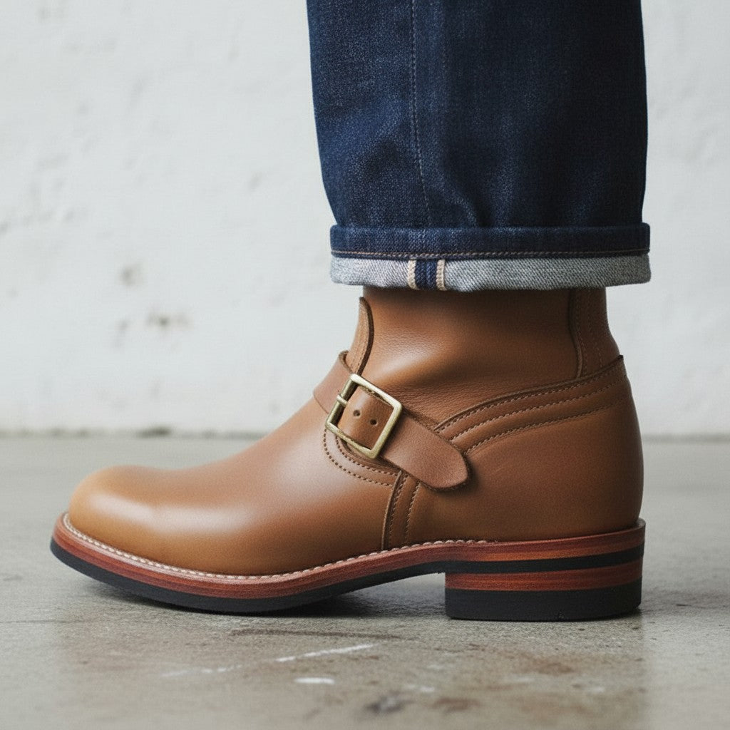 Men's Tan Plain-Toe Leather Biker Boots