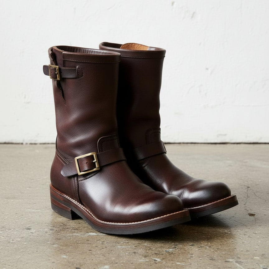 Men's Burgundy Plain-Toe Leather Biker Boots — Aldenham