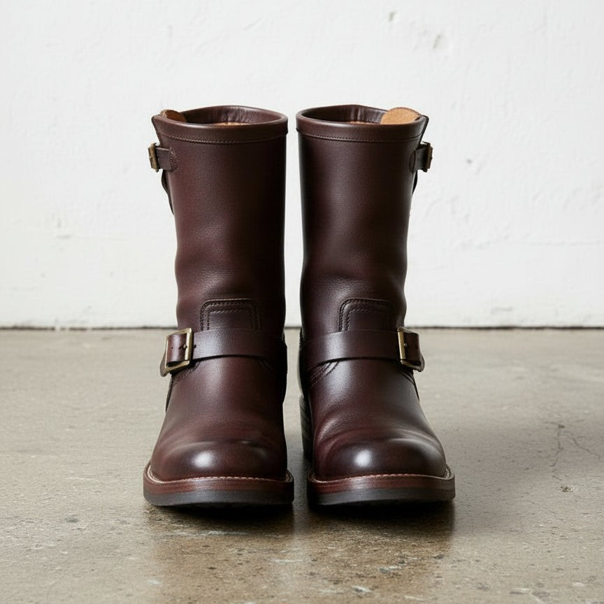 Men's Burgundy Plain-Toe Leather Biker Boots — Aldenham