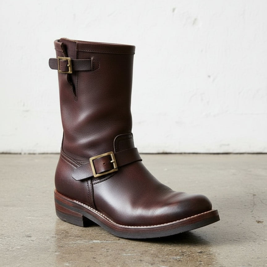 Men's Burgundy Plain-Toe Leather Biker Boots — Aldenham