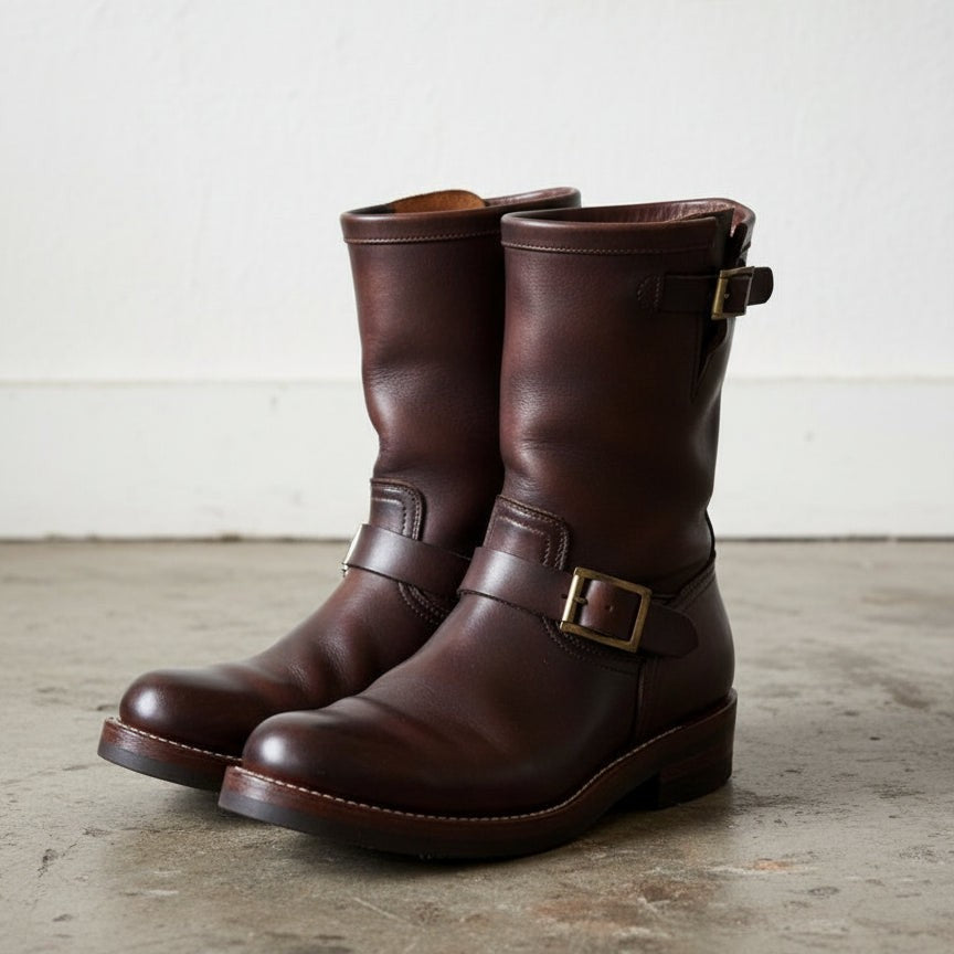 Men's Burgundy Plain-Toe Leather Biker Boots — Aldenham