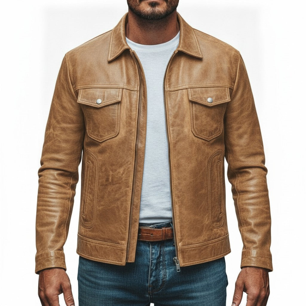 Men's Tan Leather Cafe Racer Jacket