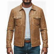 Men's Tan Leather Cafe Racer Jacket