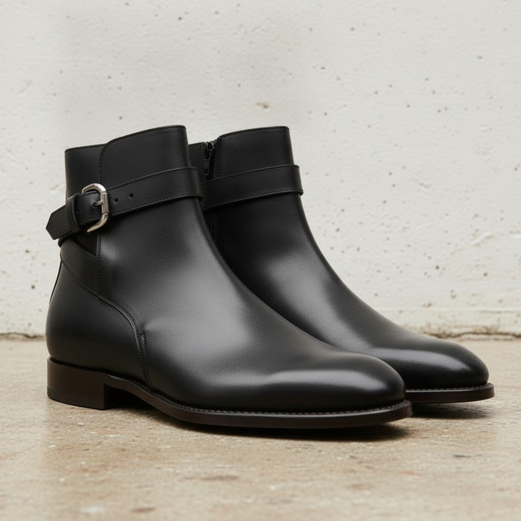 Men's Black Plain-Toe Leather Monk Boots