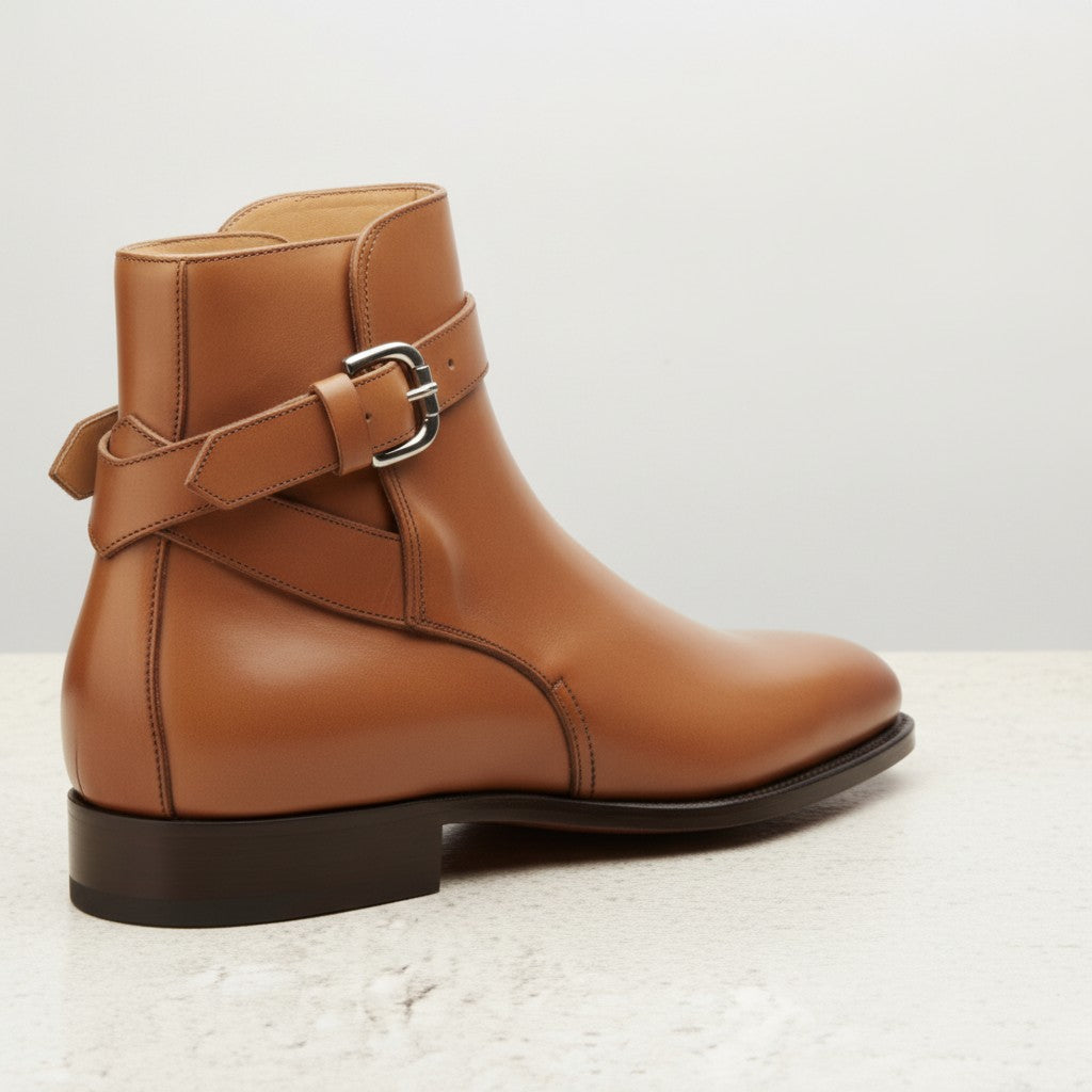 Men's Tan Plain-Toe Leather Monk Boots