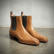 Men's Tan Crocodile-Embossed Leather Chelsea Boots