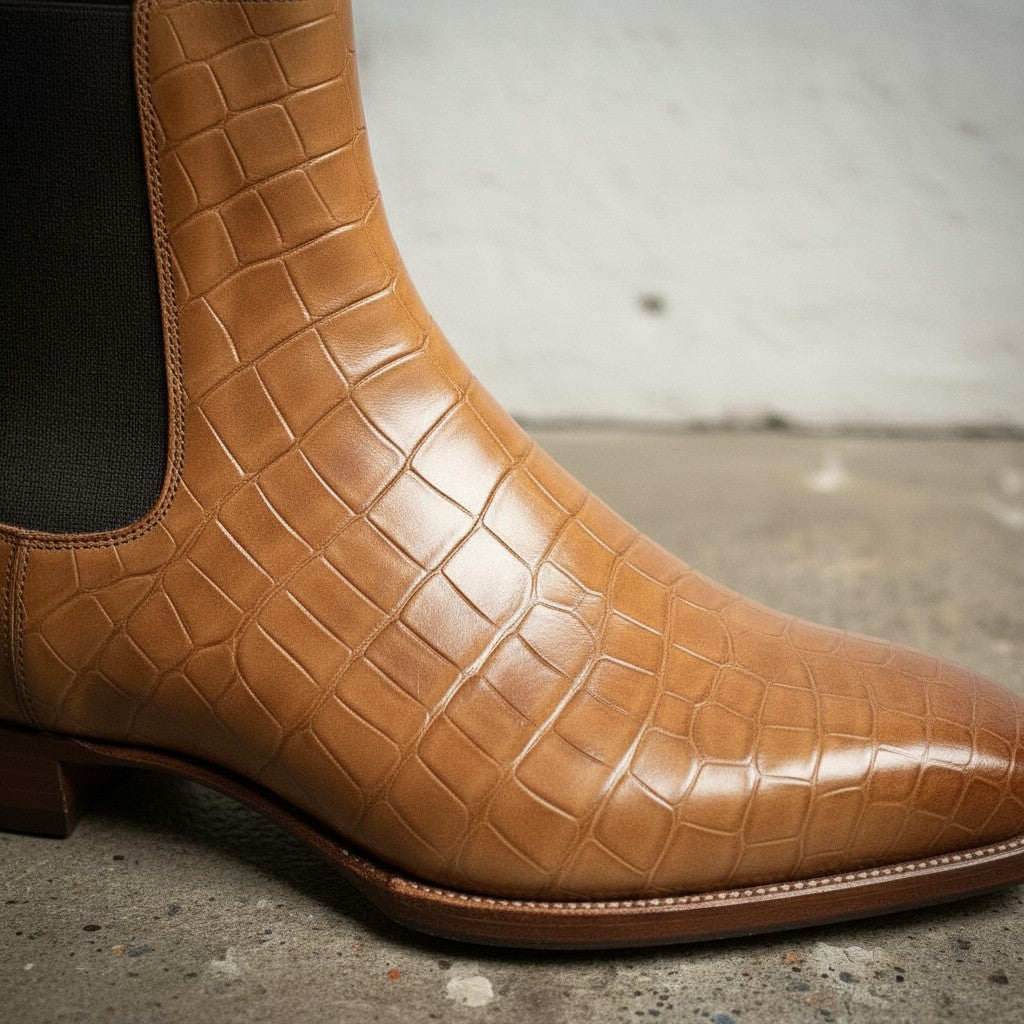 Men's Tan Crocodile-Embossed Leather Chelsea Boots