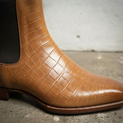 Men's Tan Crocodile-Embossed Leather Chelsea Boots