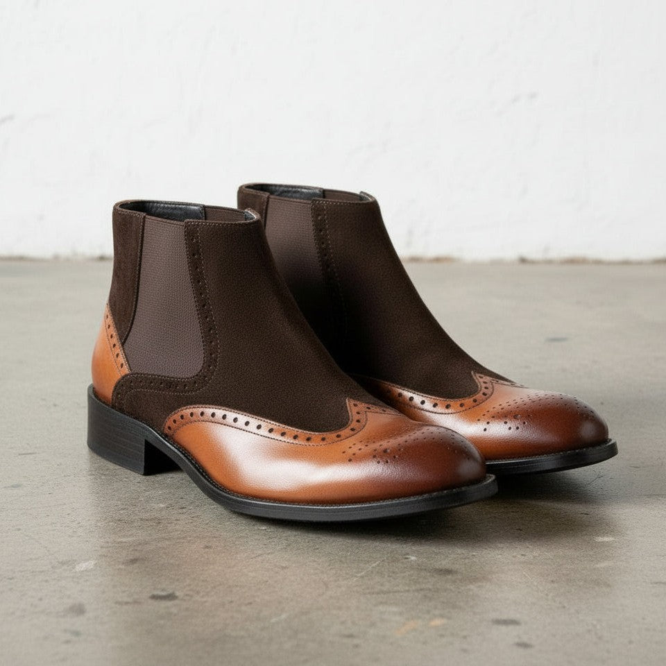 Men's Dark Brown and Brown Wingtip Leather and Suede Chelsea Boots — Crowhurst