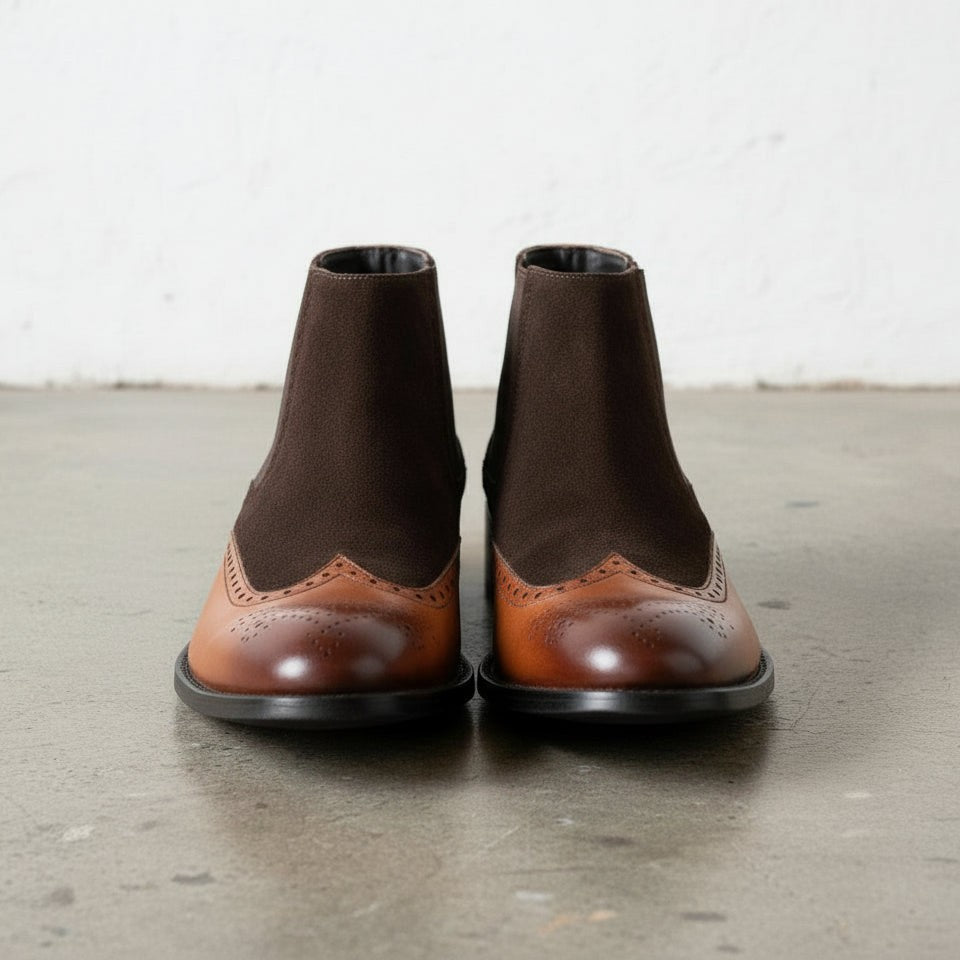 Men's Dark Brown and Brown Wingtip Leather and Suede Chelsea Boots — Crowhurst