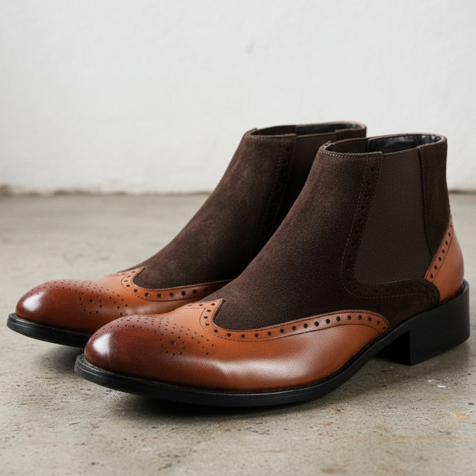 Men's Dark Brown and Brown Wingtip Leather and Suede Chelsea Boots — Crowhurst