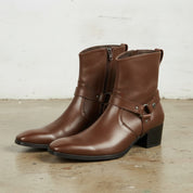 Men's Brown Plain-Toe Leather Ankle Biker Boots