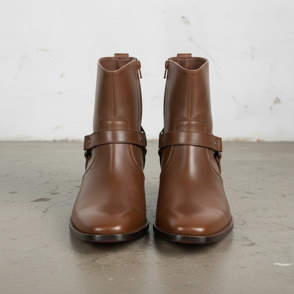 Men's Brown Plain-Toe Leather Ankle Biker Boots