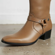 Men's Tan Plain-Toe Leather Ankle Biker Boots