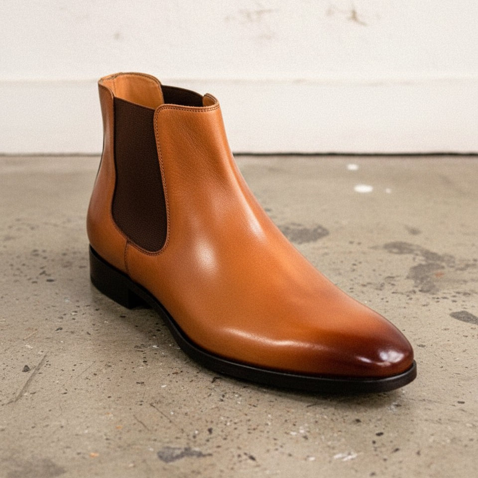 Men's Tan and Dark Brown Plain-Toe Leather Chelsea Boots — Grays