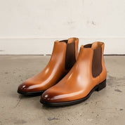 Men's Tan and Dark Brown Plain-Toe Leather Chelsea Boots — Grays