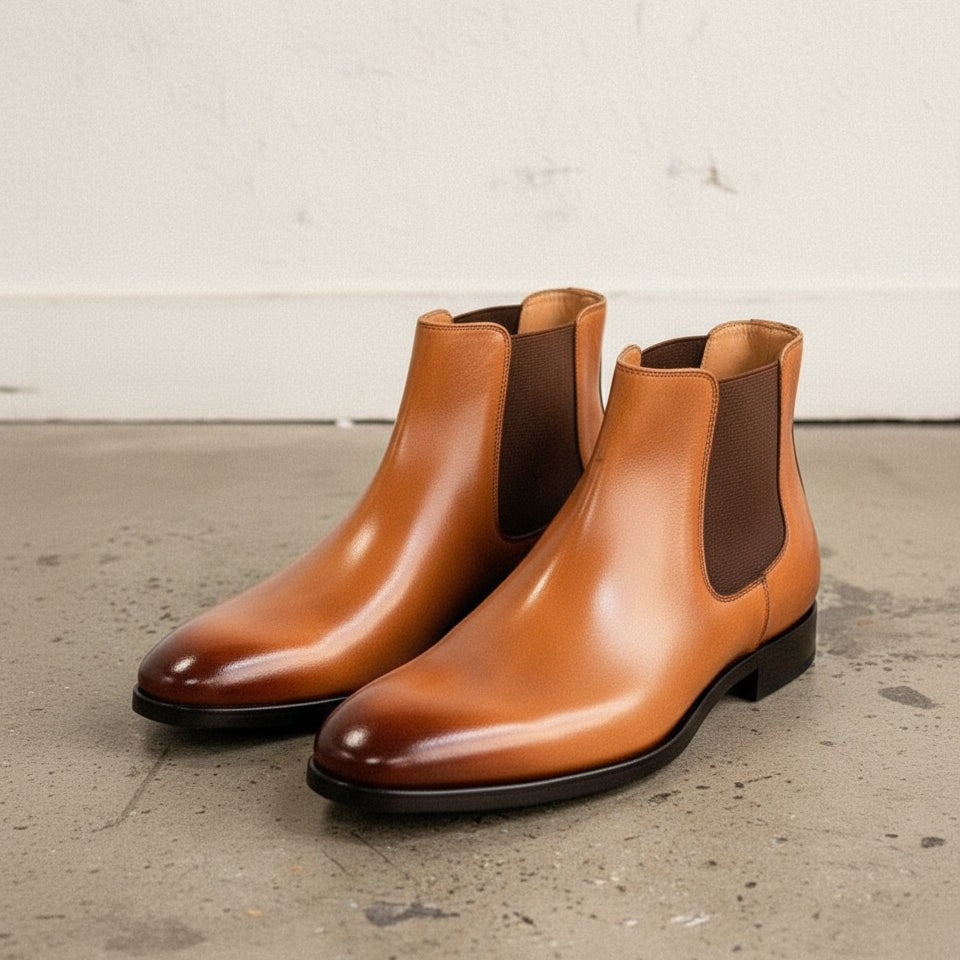 Men's Tan and Dark Brown Plain-Toe Leather Chelsea Boots — Grays