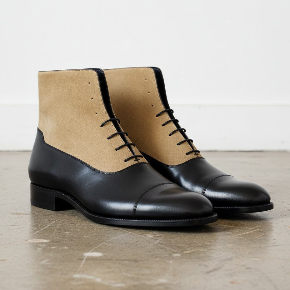 Men's Black and Tan Cap-Toe Leather Lace-Up Boots
