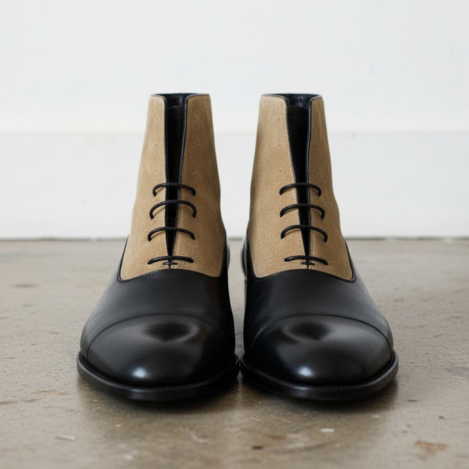 Men's Black and Tan Cap-Toe Leather Lace-Up Boots