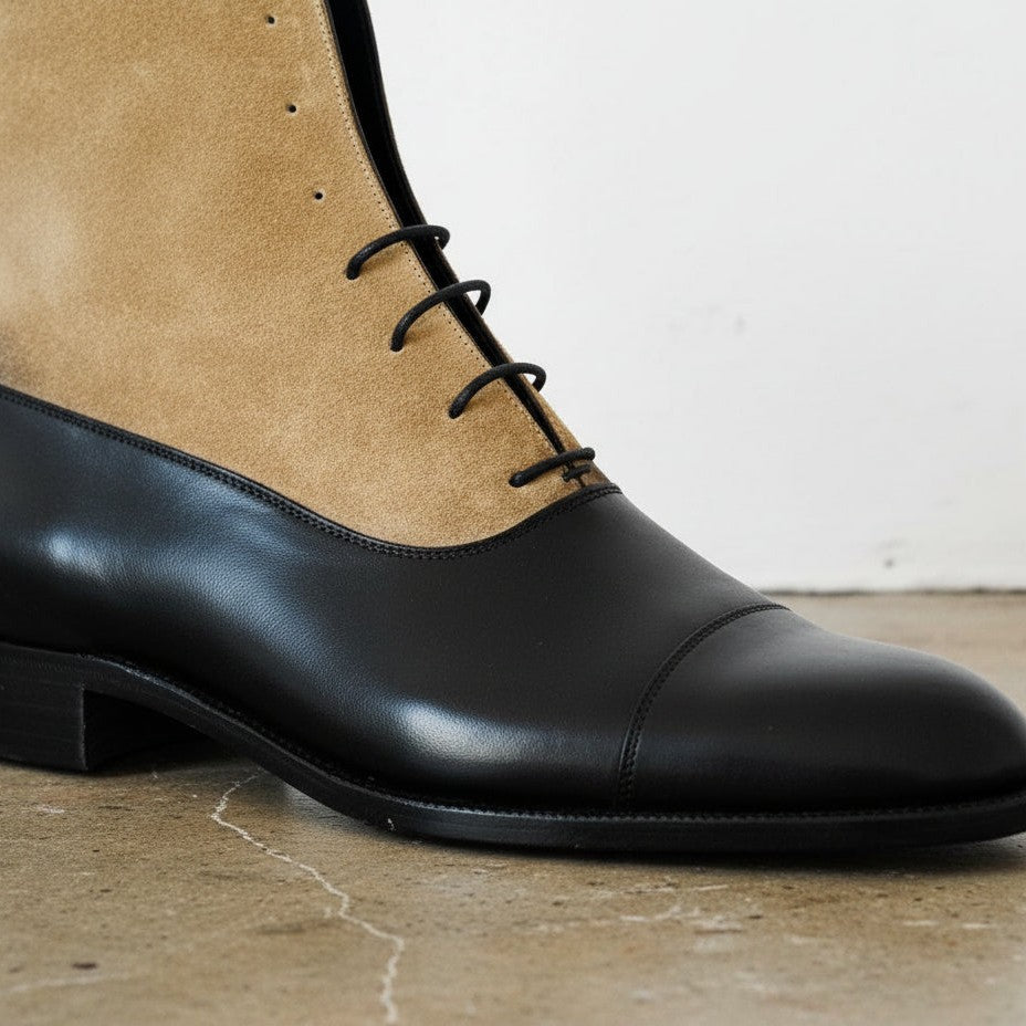 Men's Black and Tan Cap-Toe Leather Lace-Up Boots