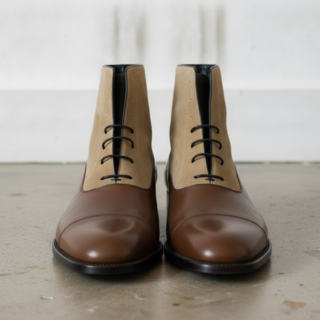 Men's Brown and Tan Cap-Toe Leather Lace-Up Boots