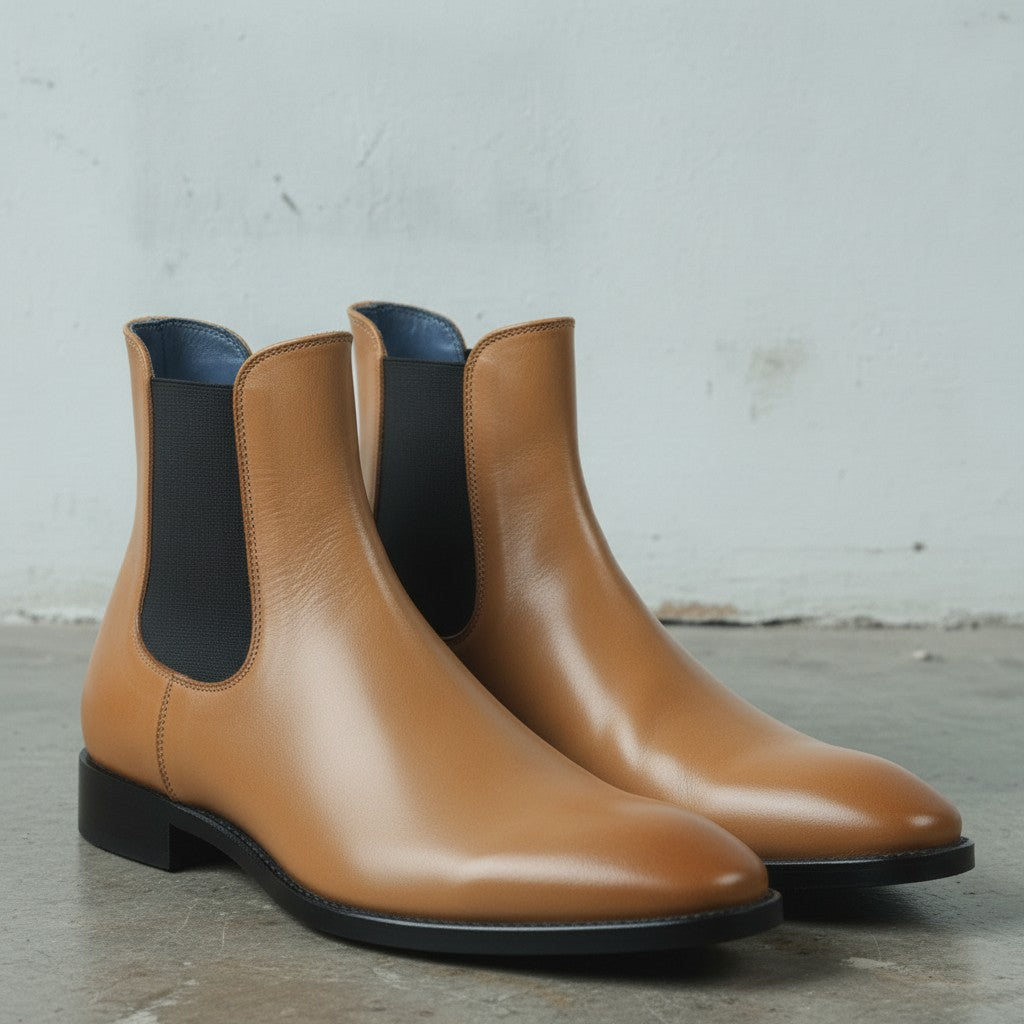 Men's Tan Plain-Toe Leather Chelsea Boots