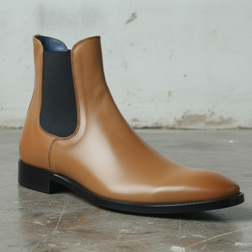Men's Tan Plain-Toe Leather Chelsea Boots