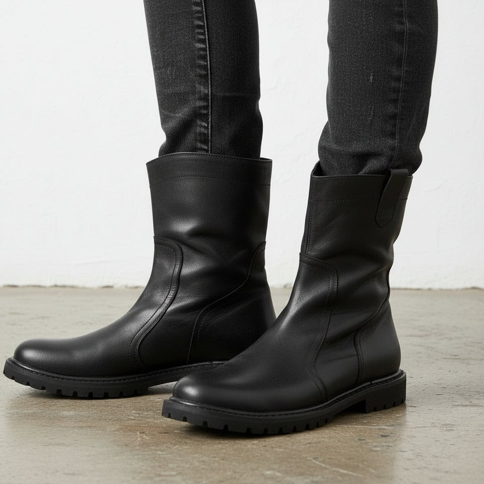Men's Black Plain-Toe Leather Pull-On Boots