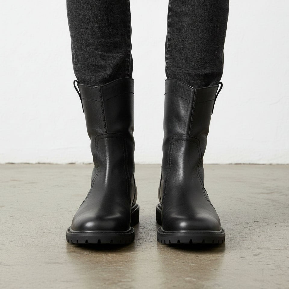 Men's Black Plain-Toe Leather Pull-On Boots