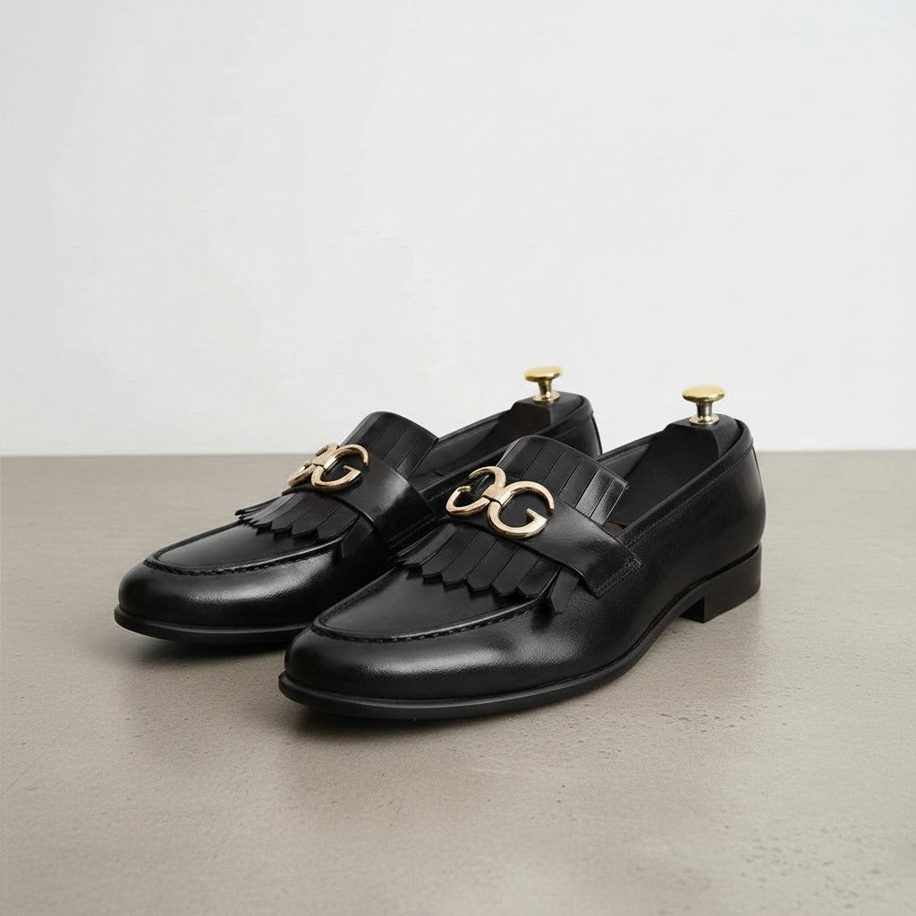 Black Fringe Leather Moccasins