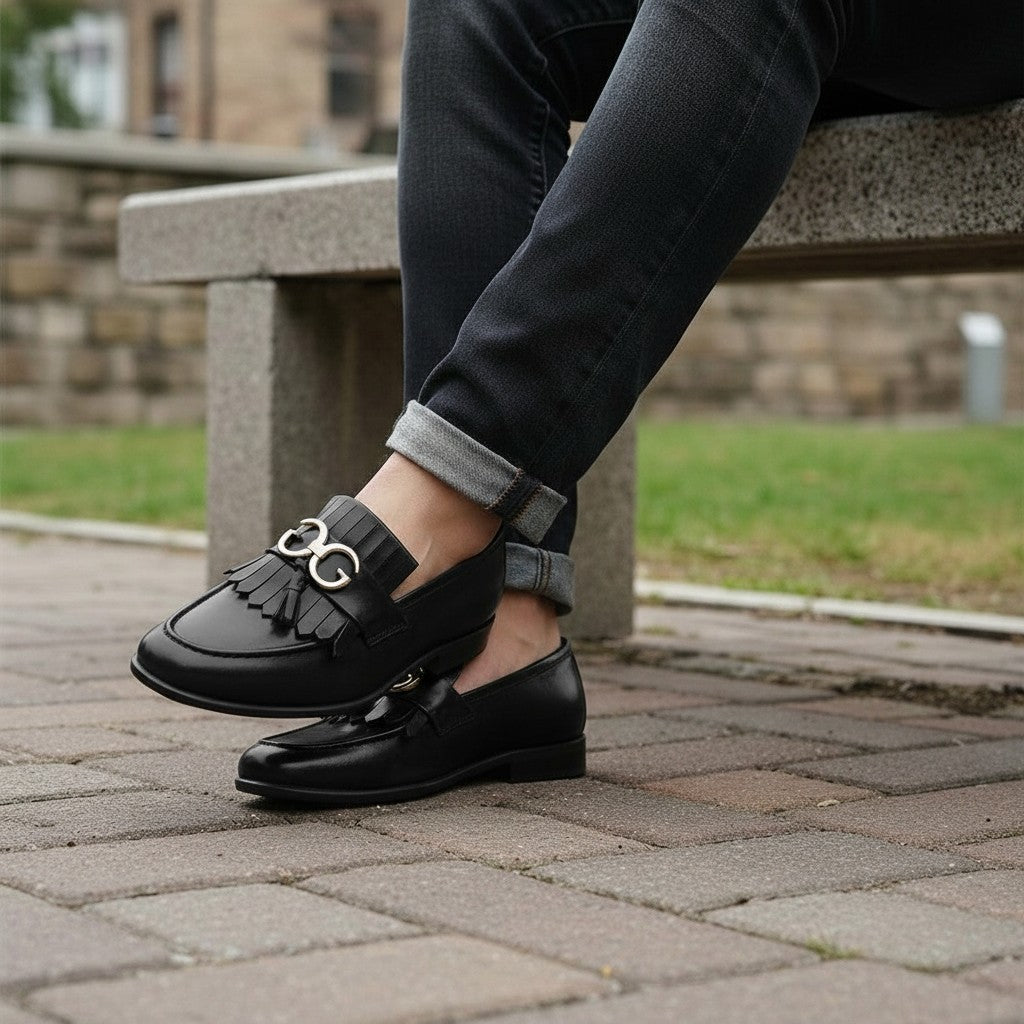 Black Fringe Leather Moccasins