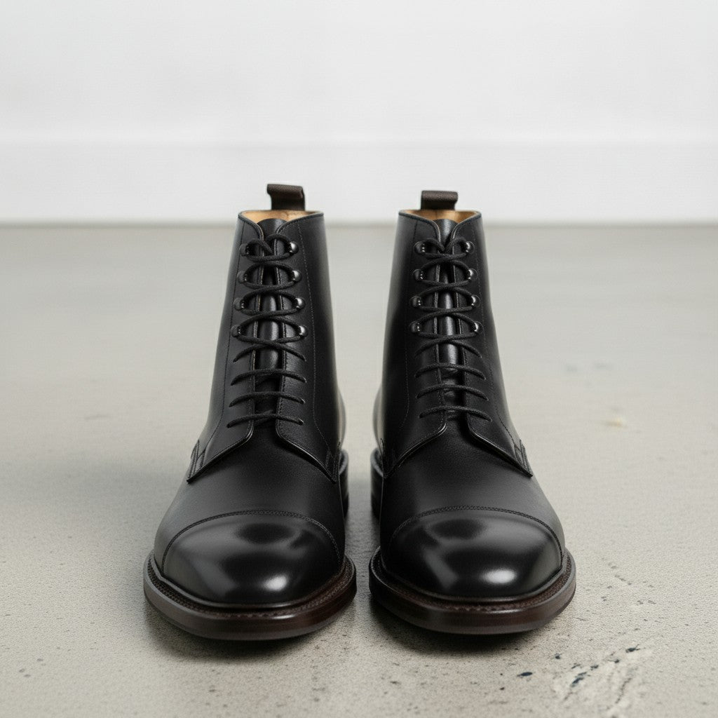 Men's Black Cap-Toe Leather Derby Ankle Boots