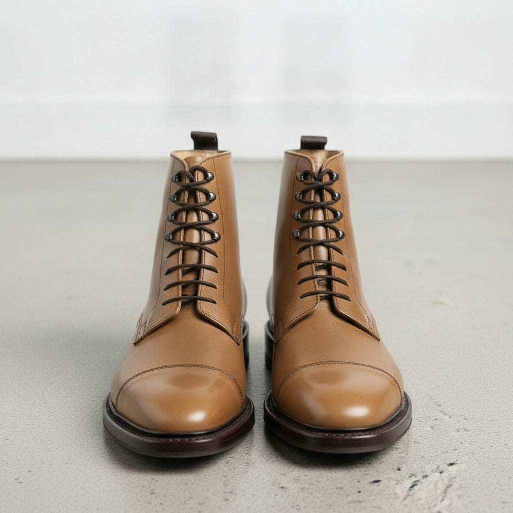 Men's Tan Cap-Toe Leather Derby Ankle Boots