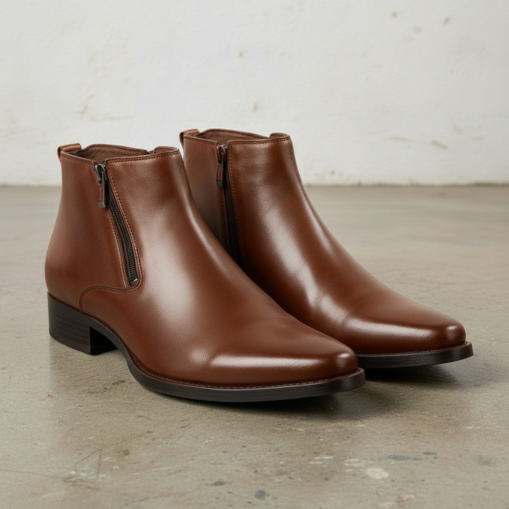 Men's Brown Plain-Toe Leather Ankle Boots