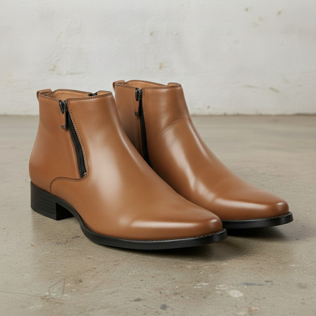 Men's Tan Plain-Toe Leather Ankle Boots
