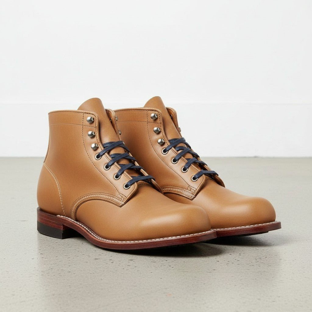 Men's Tan Plain-Toe Leather Ankle Boots