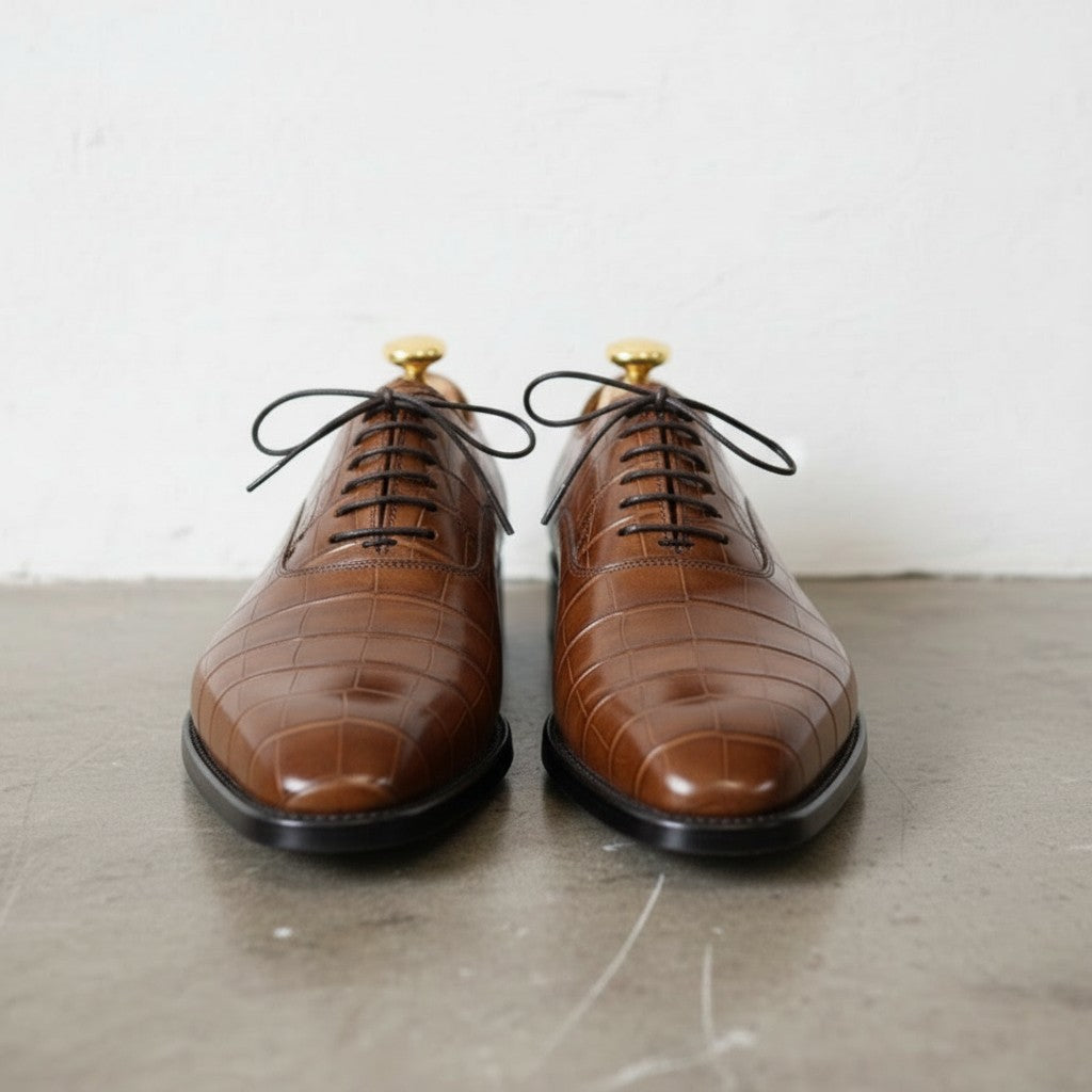 Men's Brown Crocodile-Embossed Leather Oxfords