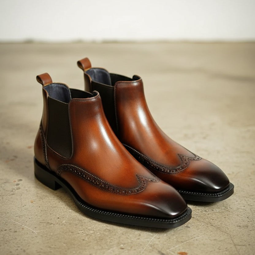 Men's Brown Wingtip Leather Chelsea Boots