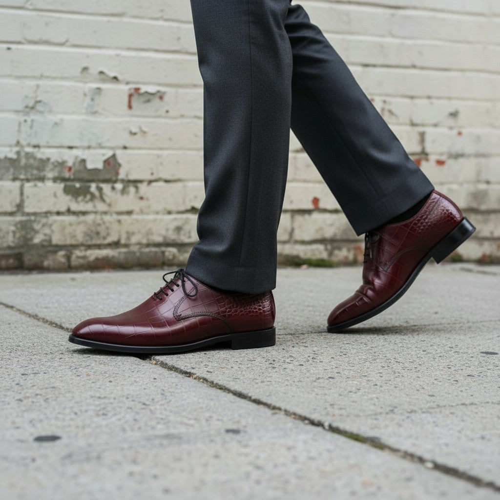 Men's Burgundy Crocodile-Embossed Leather Oxfords